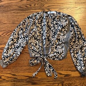 Flowy Black and Cream  Leaf Print Tie-Front Blouse.